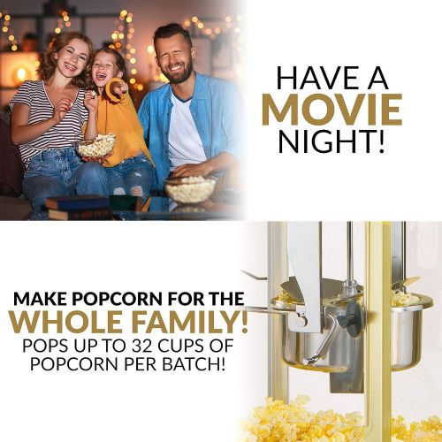  Nostalgia Popcorn Maker Professional Cart, 8 Oz Kettle Makes Up to 32 Cups, Vintage Movie Theater Popcorn Machine with Three Candy Dispensers and Interior Light, Measuring Spoons a