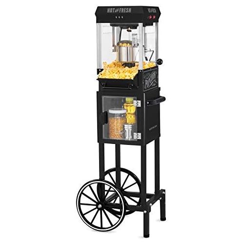  Nostalgia Popcorn Maker Cart, 2.5 Oz Kettle Makes 10 Cups, Vintage Movie Theater Popcorn Machine with Interior Light, Measuring Spoons and Scoop, Black