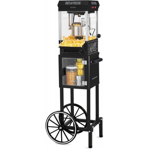  Nostalgia Popcorn Maker Cart, 2.5 Oz Kettle Makes 10 Cups, Vintage Movie Theater Popcorn Machine with Interior Light, Measuring Spoons and Scoop, Black