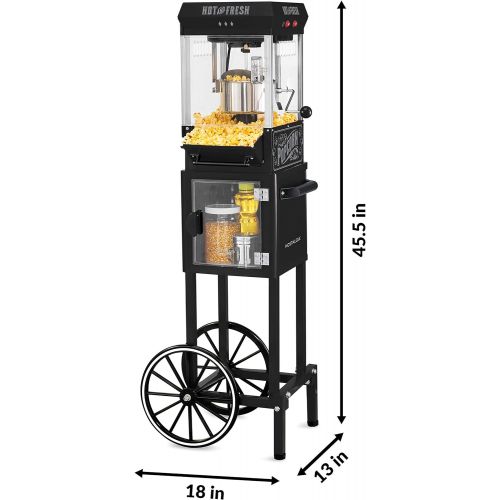  Nostalgia Popcorn Maker Cart, 2.5 Oz Kettle Makes 10 Cups, Vintage Movie Theater Popcorn Machine with Interior Light, Measuring Spoons and Scoop, Black