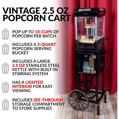  Nostalgia Popcorn Maker Cart, 2.5 Oz Kettle Makes 10 Cups, Vintage Movie Theater Popcorn Machine with Interior Light, Measuring Spoons and Scoop, Black