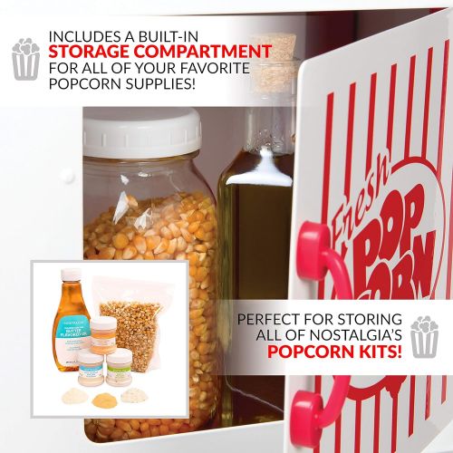  Nostalgia Popcorn Maker Cart, 2.5 Oz Kettle Makes 10 Cups, Retro Classic Popcorn Machine with Interior Light, Measuring Spoons and Scoop, White and Red