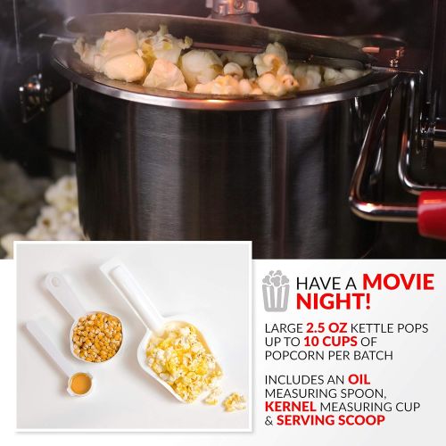  Nostalgia Popcorn Maker Cart, 2.5 Oz Kettle Makes 10 Cups, Retro Classic Popcorn Machine with Interior Light, Measuring Spoons and Scoop, White and Red