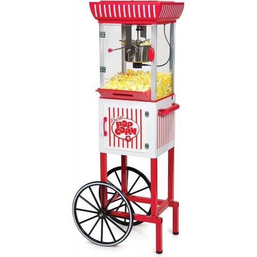  Nostalgia Popcorn Maker Cart, 2.5 Oz Kettle Makes 10 Cups, Retro Classic Popcorn Machine with Interior Light, Measuring Spoons and Scoop, White and Red