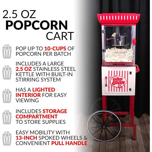  Nostalgia Popcorn Maker Cart, 2.5 Oz Kettle Makes 10 Cups, Retro Classic Popcorn Machine with Interior Light, Measuring Spoons and Scoop, White and Red