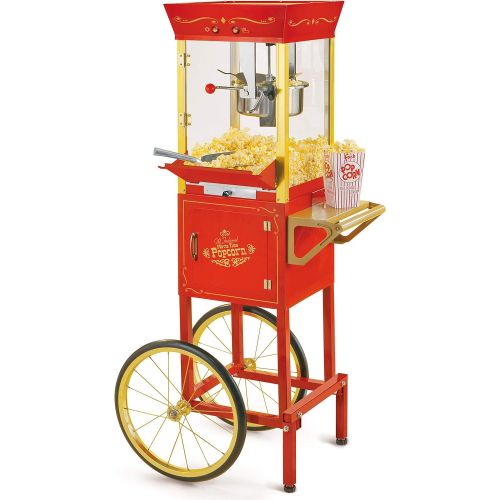  Nostalgia Popcorn Maker Professional Cart, 8 Oz Kettle Makes Up to 32 Cups, Vintage Movie Theater Popcorn Machine with Interior Light, Measuring Spoons and Scoop, Red