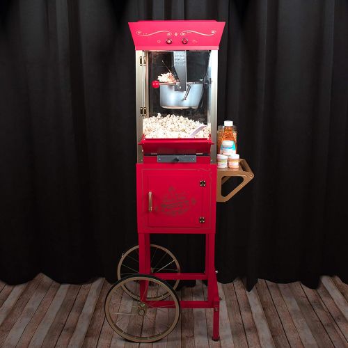  Nostalgia Popcorn Maker Professional Cart, 8 Oz Kettle Makes Up to 32 Cups, Vintage Movie Theater Popcorn Machine with Interior Light, Measuring Spoons and Scoop, Red
