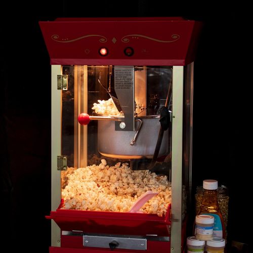  Nostalgia Popcorn Maker Professional Cart, 8 Oz Kettle Makes Up to 32 Cups, Vintage Movie Theater Popcorn Machine with Interior Light, Measuring Spoons and Scoop, Red