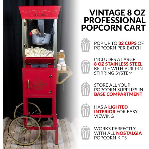  Nostalgia Popcorn Maker Professional Cart, 8 Oz Kettle Makes Up to 32 Cups, Vintage Movie Theater Popcorn Machine with Interior Light, Measuring Spoons and Scoop, Red