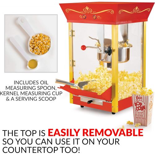  Nostalgia Popcorn Maker Professional Cart, 8 Oz Kettle Makes Up to 32 Cups, Vintage Movie Theater Popcorn Machine with Interior Light, Measuring Spoons and Scoop, Red