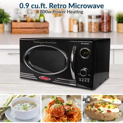  Nostalgia RMO4BK Retro 0.9 Cubic Foot 800-Watt Countertop Microwave Oven, 5 Power Levels and 12 Cook Settings, LED Display, Jet Black