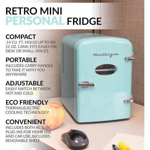  [아마존베스트]Nostalgia RF6RRAQ Retro 6-Can Personal Cooling and Heating Mini Refrigerator with Carry Handle for Home Office, Car, Boat or Dorm Room-Includes AC/DC Power Cords, Aqua