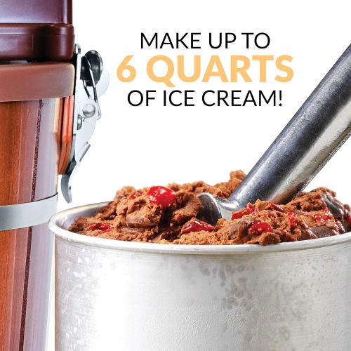  [아마존베스트]Nostalgia Electric Bucket Ice Cream Maker With Easy-Carry Handle, Makes 6-Quarts in Minutes, Frozen Yogurt, Gelato, Made From Real Wood, Brown