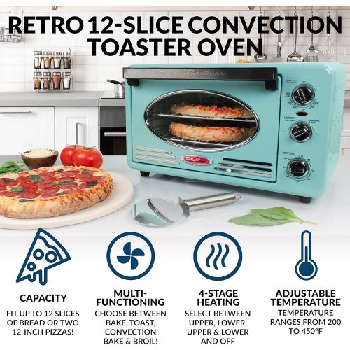  [아마존베스트]Nostalgia RTOV2AQ Large-Capacity 0.7-Cu. Ft. Capacity Multi-Functioning Retro Convection Toaster Oven, Fits 12 Slices of Bread and Two 12-Inch Pizzas, Built In Timer, Includes Baki