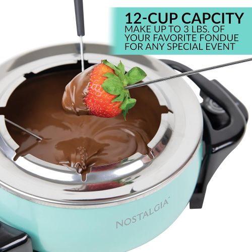  Nostalgia FPS6AQ 12-Cup Electric Fondue Pot with Adjustable Temperature Control 8 Color-Coded Forks, Cool-Touch Handles, Perfect for Chocolate, Cheese, Caramel, Aqua