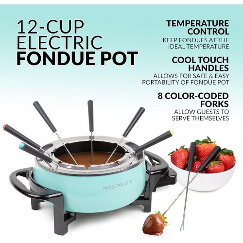  Nostalgia FPS6AQ 12-Cup Electric Fondue Pot with Adjustable Temperature Control 8 Color-Coded Forks, Cool-Touch Handles, Perfect for Chocolate, Cheese, Caramel, Aqua