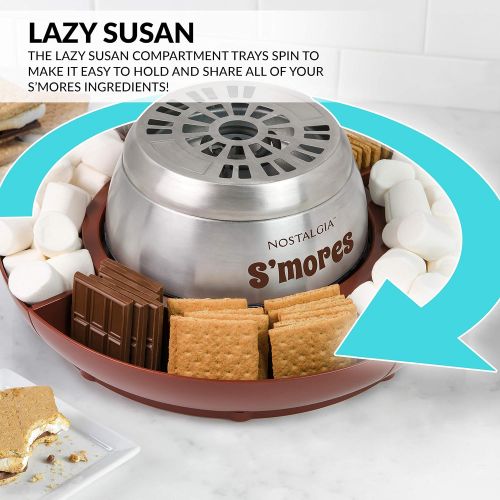  Nostalgia LSM400 Indoor Electric Stainless Steel Smores Maker with 4 Lazy Susan Compartment Trays for Graham Crackers, Chocolate, Marshmallows and 4 Roasting Forks