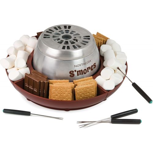  Nostalgia LSM400 Indoor Electric Stainless Steel Smores Maker with 4 Lazy Susan Compartment Trays for Graham Crackers, Chocolate, Marshmallows and 4 Roasting Forks