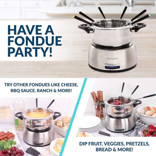  Nostalgia FPS200 6-Cup Stainless Steel Electric Fondue Pot with Temperature Control, 6 Color-Coded Forks and Removable Pot - Perfect for Chocolate, Caramel, Cheese, Sauces and More
