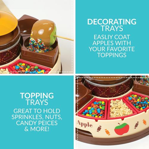  Nostalgia Lazy Susan Chocolate & Caramel Apple Party with Heated Fondue Pot, 25 Sticks, Decorating and Toppings Trays, Brown
