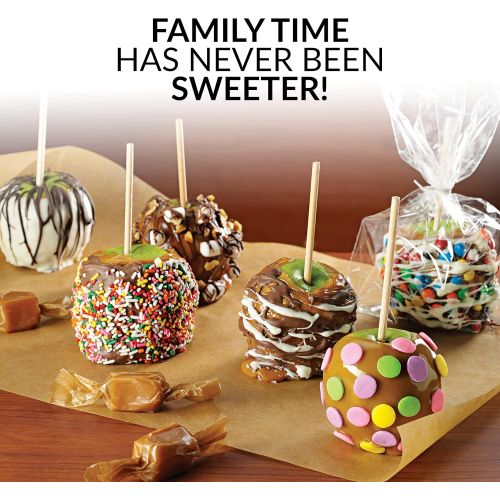 Nostalgia Lazy Susan Chocolate & Caramel Apple Party with Heated Fondue Pot, 25 Sticks, Decorating and Toppings Trays, Brown
