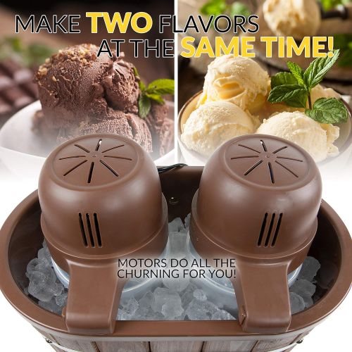  [아마존베스트]Nostalgia Double Flavor Electric Bucket Ice Cream Maker Makes 4-Quarts in Minutes, Frozen Yogurt, Gelato, Made From Real Wood, Includes Two 2-Qt Canisters