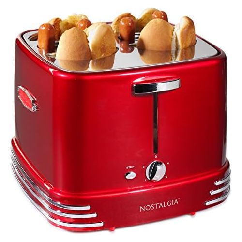  [아마존베스트]Nostalgia RHDT800RETRORED Pop-Up 4 Hot Dog and Bun Toaster With Mini Tongs, Works With Chicken, Turkey, Veggie Sausages and Brats, Retro Red