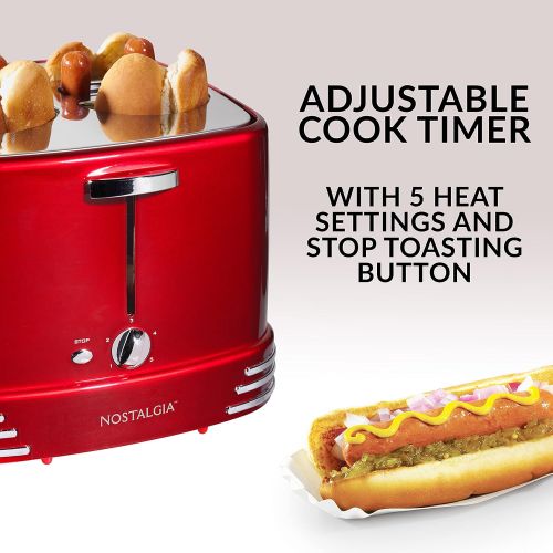  [아마존베스트]Nostalgia RHDT800RETRORED Pop-Up 4 Hot Dog and Bun Toaster With Mini Tongs, Works With Chicken, Turkey, Veggie Sausages and Brats, Retro Red