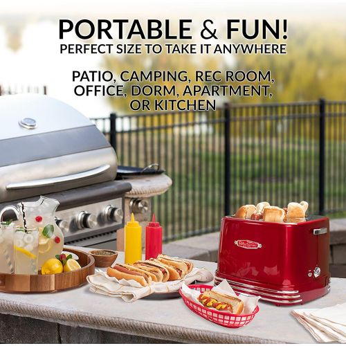  [아마존베스트]Nostalgia RHDT800RETRORED Pop-Up 4 Hot Dog and Bun Toaster With Mini Tongs, Works With Chicken, Turkey, Veggie Sausages and Brats, Retro Red