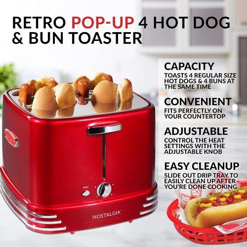  [아마존베스트]Nostalgia RHDT800RETRORED Pop-Up 4 Hot Dog and Bun Toaster With Mini Tongs, Works With Chicken, Turkey, Veggie Sausages and Brats, Retro Red