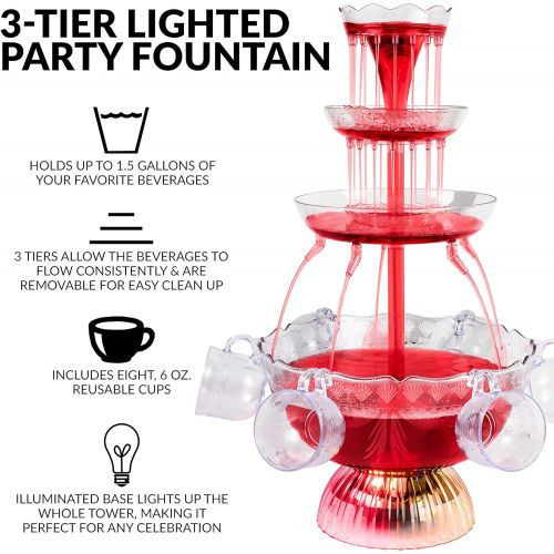  [아마존베스트]Nostalgia 3-Tier Party Fountain with LED Lighted Base, 1.5 Gallon 8 Cup, Clear