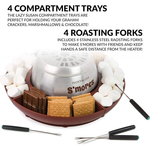  [아마존베스트]Nostalgia LSM400 Indoor Electric Stainless Steel Smores Maker with 4 Lazy Susan Compartment Trays for Graham Crackers, Chocolate, Marshmallows and 4 Roasting Forks