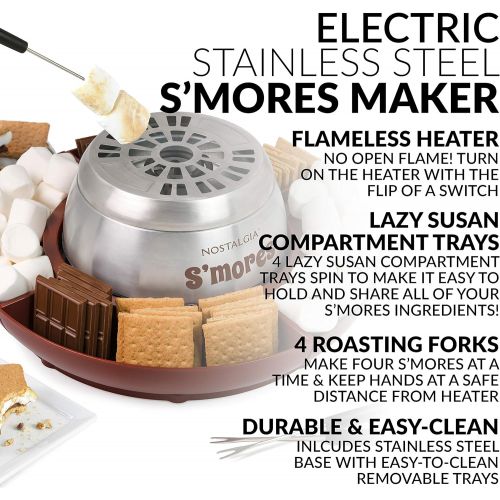  [아마존베스트]Nostalgia LSM400 Indoor Electric Stainless Steel Smores Maker with 4 Lazy Susan Compartment Trays for Graham Crackers, Chocolate, Marshmallows and 4 Roasting Forks