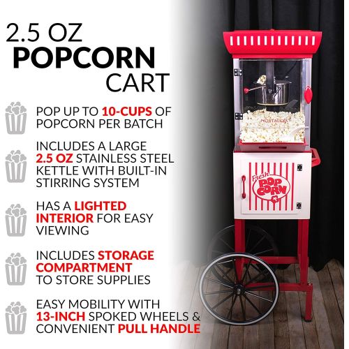  [아마존베스트]Nostalgia PC25RW 2.5 oz Popcorn & Concession Cart, 48 Tall, Makes 10 Cups, with Kernel & Oil Measuring Spoons & Scoop, 13 Wheels for Easy Mobility, Red/White