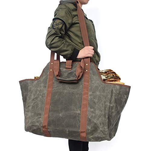  Nothers Water Proof Waxed Canvas Firewood Carrier Bag, Log Tote Bag, Durable Firewood Holder with Handles and Shoulder Strap, Fireplace Tools with Pocket for Fireplaces & Wood Stoves