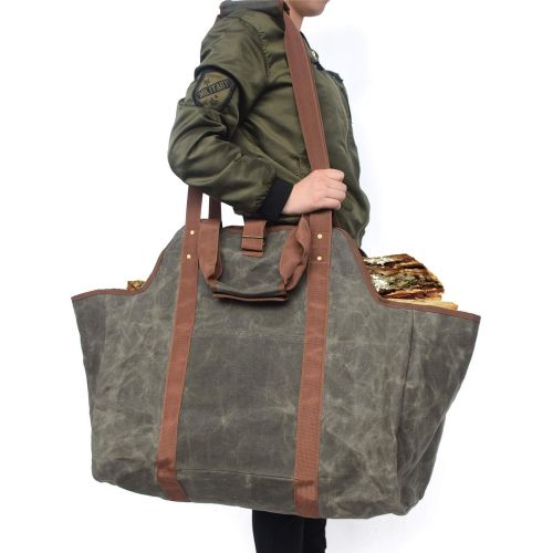  Nothers Water Proof Waxed Canvas Firewood Carrier Bag, Log Tote Bag, Durable Firewood Holder with Handles and Shoulder Strap, Fireplace Tools with Pocket for Fireplaces & Wood Stoves