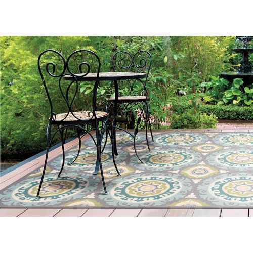  Nourison SND16 WAV01Sun & Shade Boho Vibrant IndoorOutdoor Aqua & Olive Area Rug 53 x 75