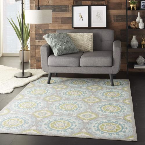  Nourison SND16 WAV01Sun & Shade Boho Vibrant IndoorOutdoor Aqua & Olive Area Rug 53 x 75