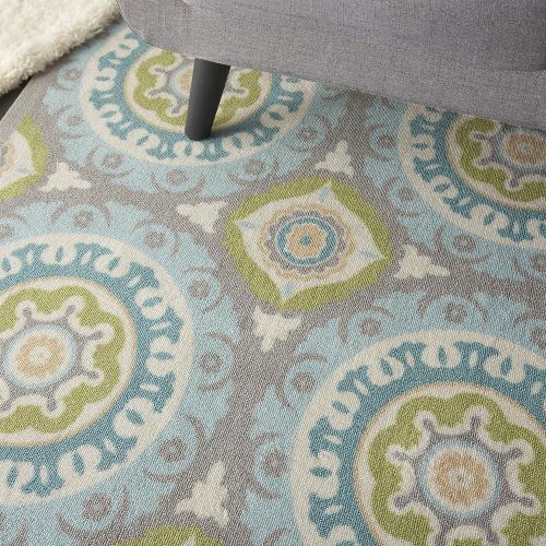  Nourison SND16 WAV01Sun & Shade Boho Vibrant IndoorOutdoor Aqua & Olive Area Rug 53 x 75