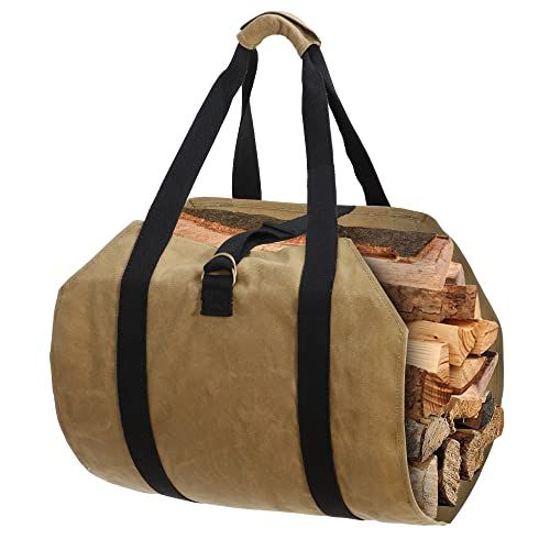  Nouva Firewood Carrier Bag with Handles Canvas Log Carrier Bag Waxed Durable Wood Storage Tote Firewood Holder Fireplace Wood Stove Accessories