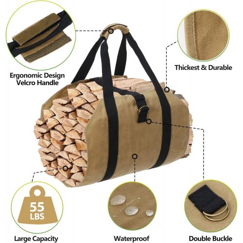  Nouva Firewood Carrier Bag with Handles Canvas Log Carrier Bag Waxed Durable Wood Storage Tote Firewood Holder Fireplace Wood Stove Accessories