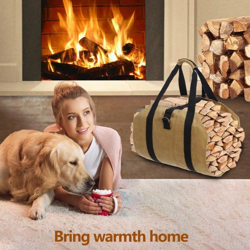  Nouva Firewood Carrier Bag with Handles Canvas Log Carrier Bag Waxed Durable Wood Storage Tote Firewood Holder Fireplace Wood Stove Accessories