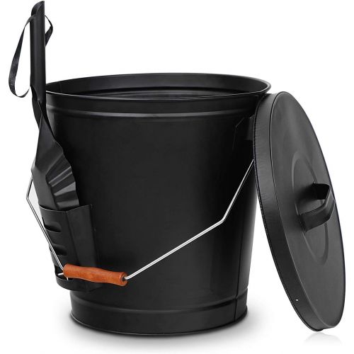  Nouva Galvanized Ash Bucket with Lid and Shovel, 5.15 Gallon Large Metal Hot Wood Ash Carrier Pail Fireplace Tools,Fire Pit,Wood Burning Stove Black