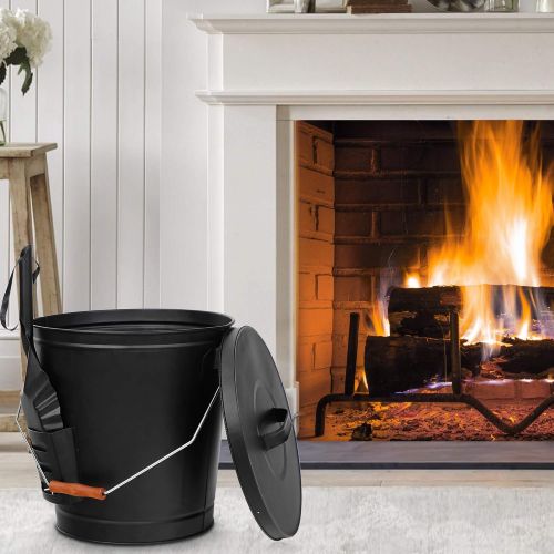  Nouva Galvanized Ash Bucket with Lid and Shovel, 5.15 Gallon Large Metal Hot Wood Ash Carrier Pail Fireplace Tools,Fire Pit,Wood Burning Stove Black