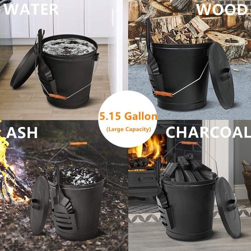  Nouva Galvanized Ash Bucket with Lid and Shovel, 5.15 Gallon Large Metal Hot Wood Ash Carrier Pail Fireplace Tools,Fire Pit,Wood Burning Stove Black