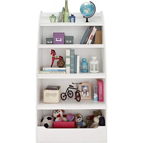  Nova Natural White 4 Tier Bookshelf for Kids Room, Tall Bookcase for Nursery, Child, Boys, Girls Room, Storage Book Case with 5 Open Shelves, Bottom Bin and Safety Curver Side Pane