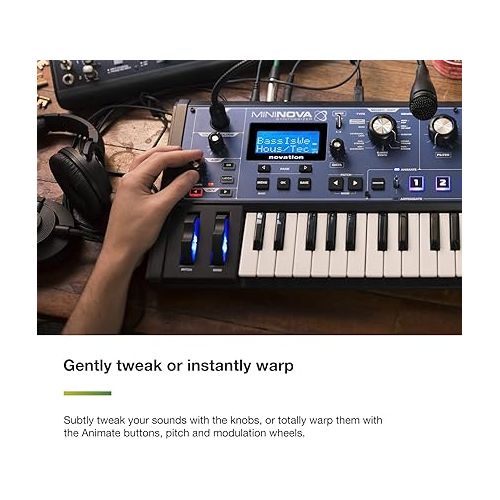  Novation MiniNova Analogue Modelling Compact 37 Mini-key Synth - Tough, compact, powerful mini-synth with pitch-correcting effect vocoder, 256 onboard sounds and five effects per voice layering Blue