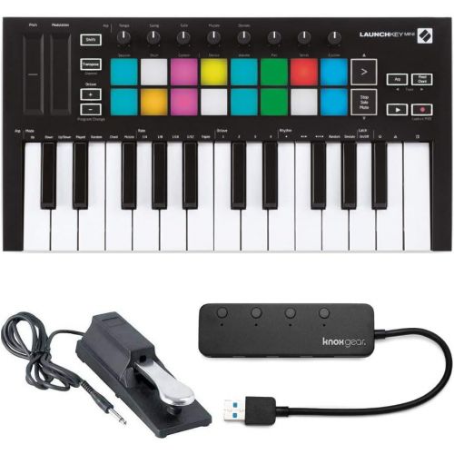  [아마존베스트]Novation Launchkey Mini MK3 25 Mini-Key MIDI Keyboard with Sustain Pedal and Knox 4 Port 3.0 USB Hub (3 Items)