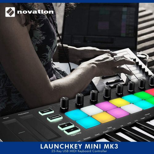  [아마존베스트]Novation Launchkey Mini MK3 25-Key USB MIDI Keyboard Controller + SR360 Over-Ear Dynamic Stereo Headphones & Fibertique Microfiber Cleaning Cloth