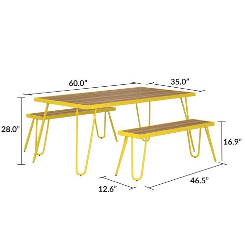  Novogratz 88192YNOE Poolside Paulette Outdoor Table and Bench Set, Yellow